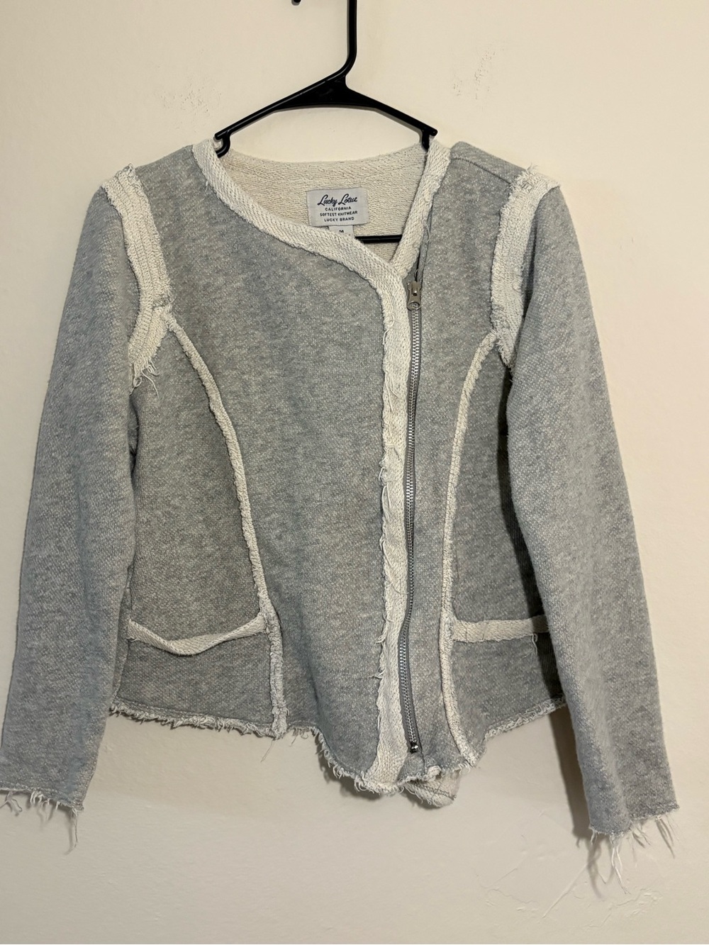 Lucky Brand Lucky Lotus Asymmetrical Zip-Up 100% Cotton Knit Moto Jacket M Boho